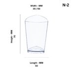 Transparent plastic mousse cup (N-2) with dimensions showing height 70 mm, top width 35/50 mm, and base length 50 mm, suitable for serving desserts like mousse and puddings.