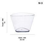 Transparent plastic mousse cup (N-3) with a wide top and narrow base, height 42 mm and width 30/60 mm, ideal for serving desserts and mousse cup presentations.