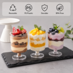 Premium plastic dessert cups with layered mousse and fruit, alongside product benefits including sturdy build, reusable design, and ideal use for parties and events.