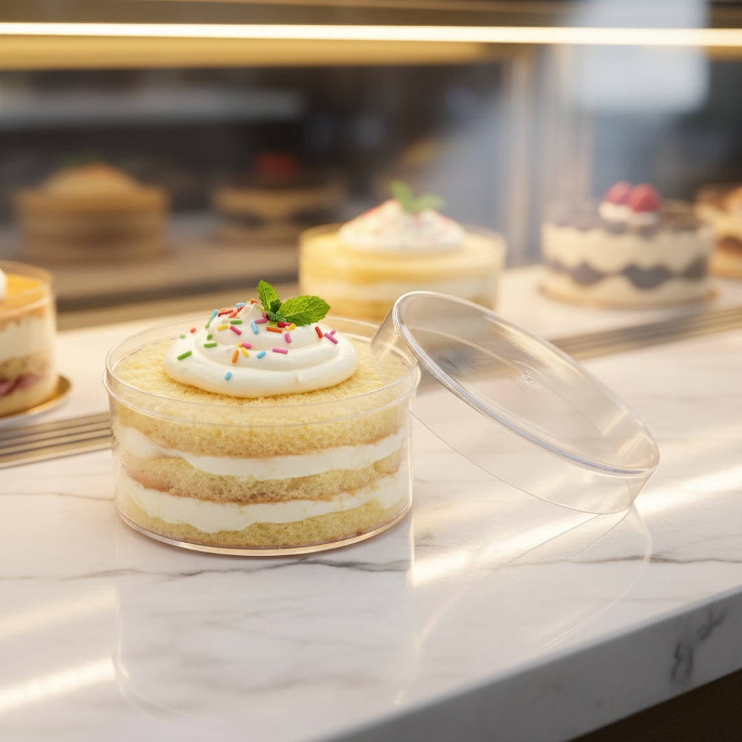 Fresh cakes displayed in Transparent Cake Boxes at a modern bakery store