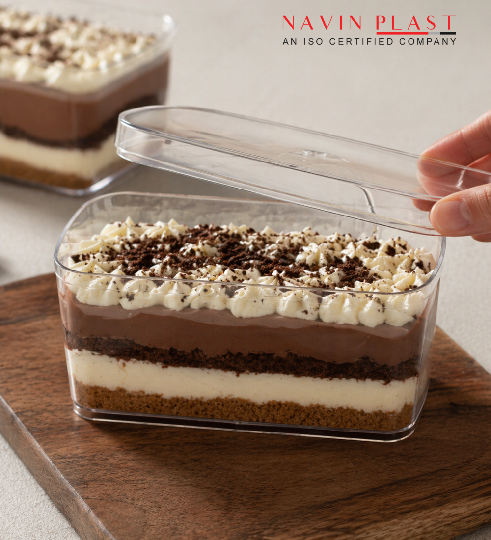 Crystal clear bakery packaging box with layered chocolate dessert by Navin Plast showcasing premium food-grade transparent packaging for cakes and desserts.