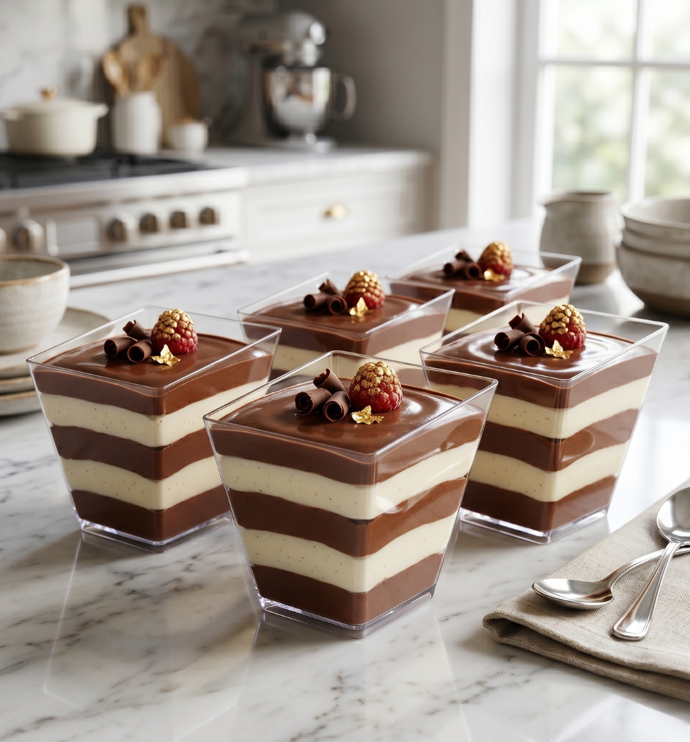 Premium disposable dessert cups with layered chocolate mousse desserts, ideal for modern bakery packaging, takeaway desserts, cafés, and food delivery businesses.