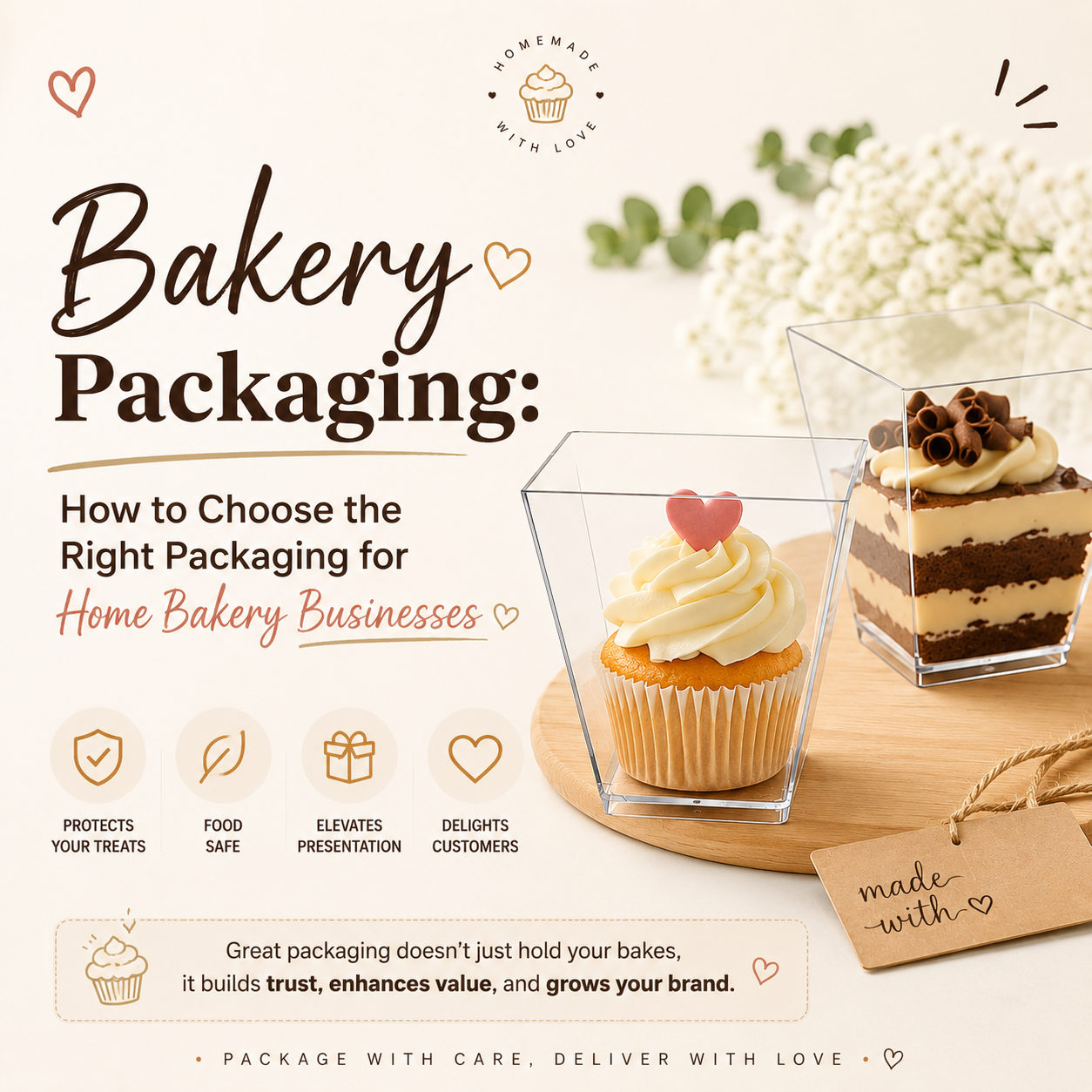 Clear plastic dessert cups for bakery packaging with cupcakes and layered desserts for home bakery businesses
