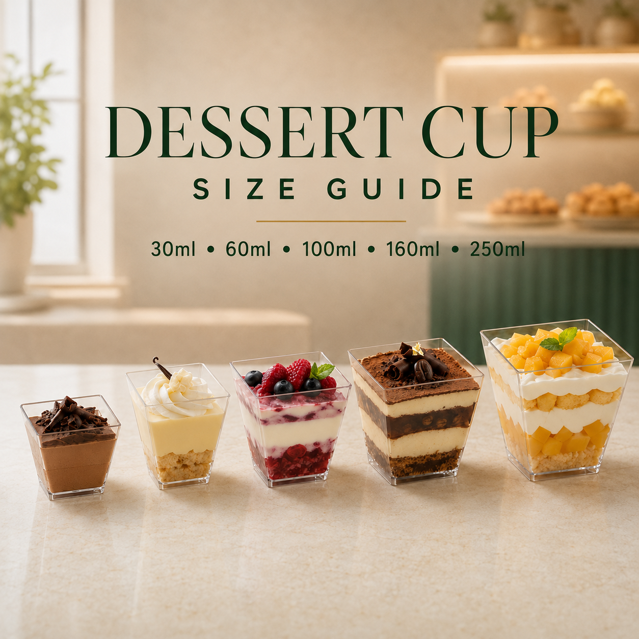 Navin Plast dessert cup size guide comparing 30ml, 60ml, 100ml, 160ml and 250ml clear cups with layered desserts.