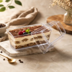 Transparent rectangular dessert container with secure-fitting lid